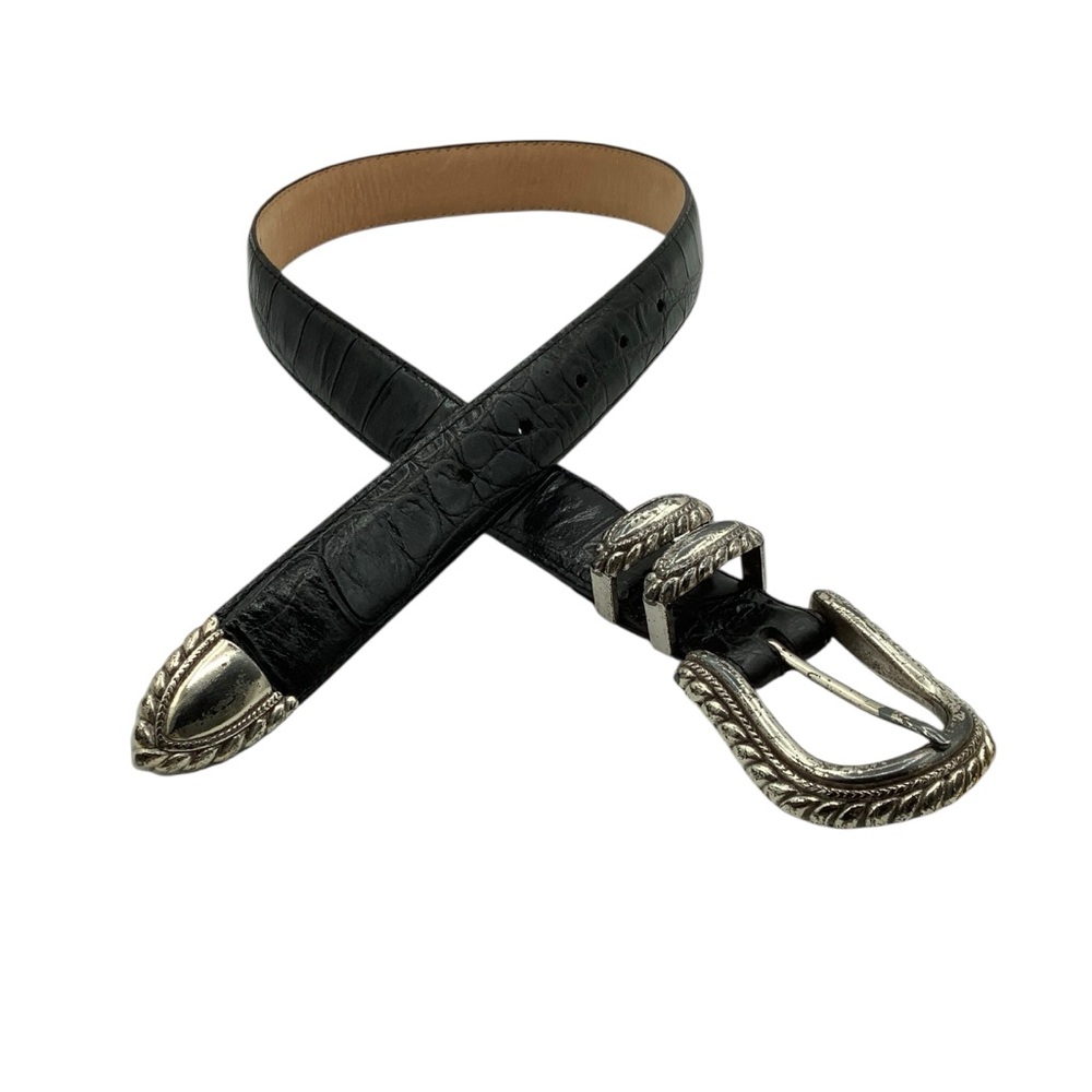 Black Leather Western-Style Women’s Belt with Silver Buckle